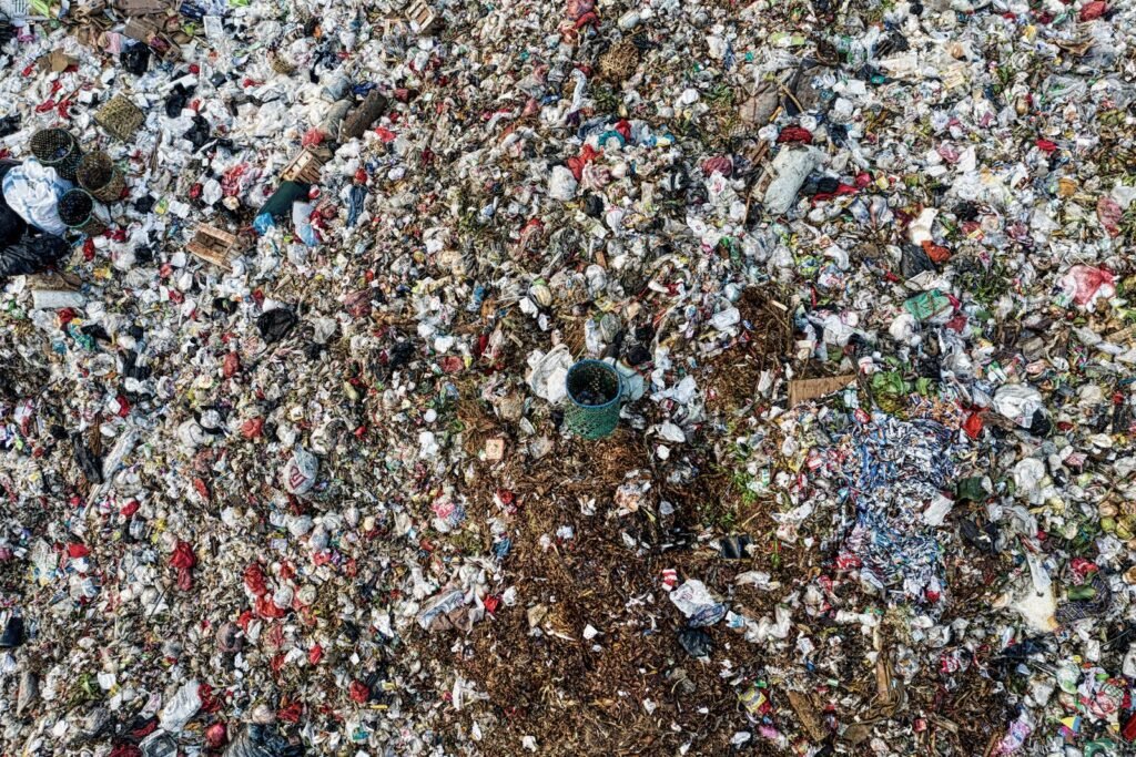 Aerial shot showing extensive environmental pollution at a landfill