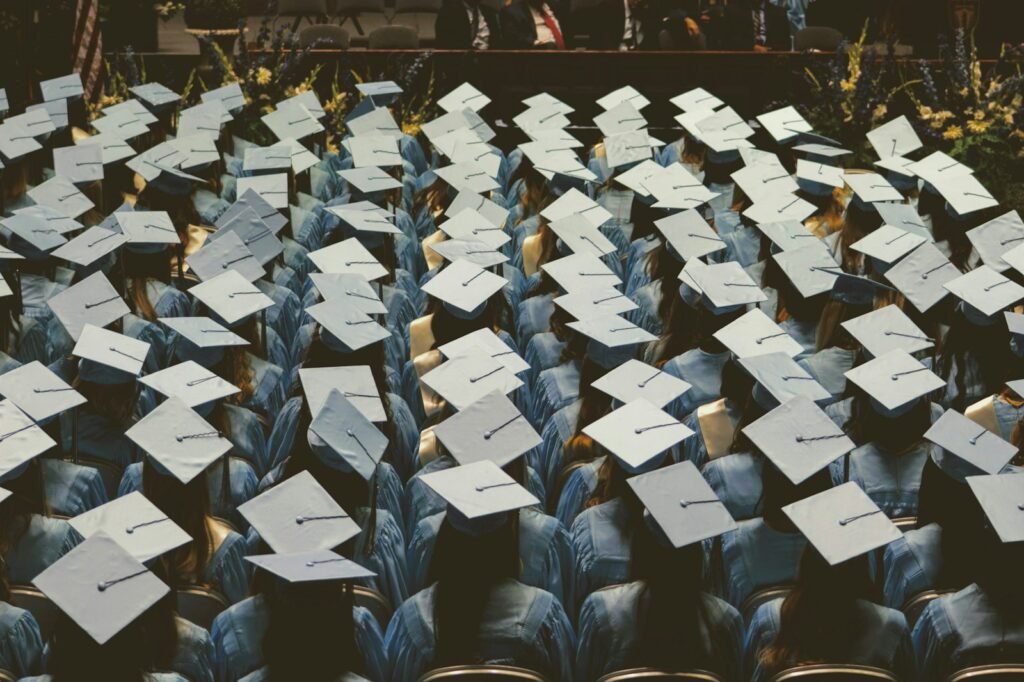 Blue and white academic graduation cap