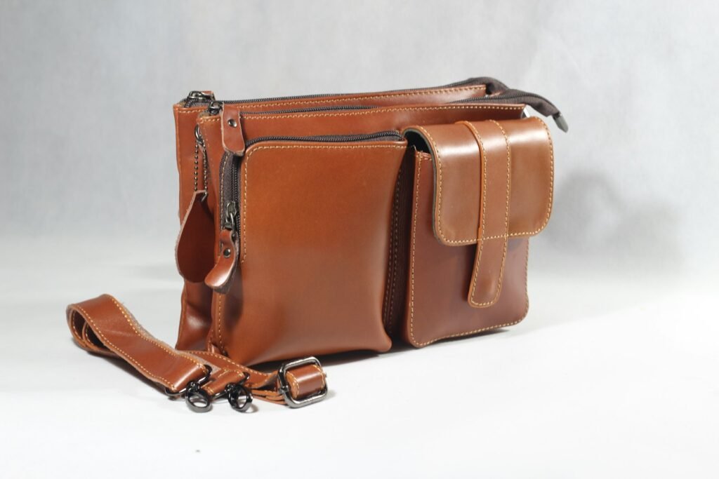 Brown leather bag showing natural material texture