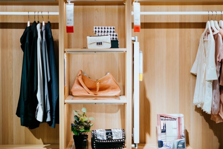 Brown leather bag stored upright on a shelf