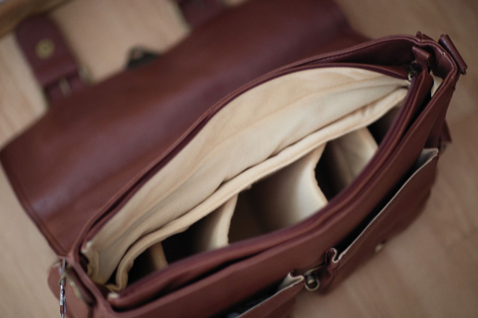 Detailed look inside an elegant brown leather briefcase