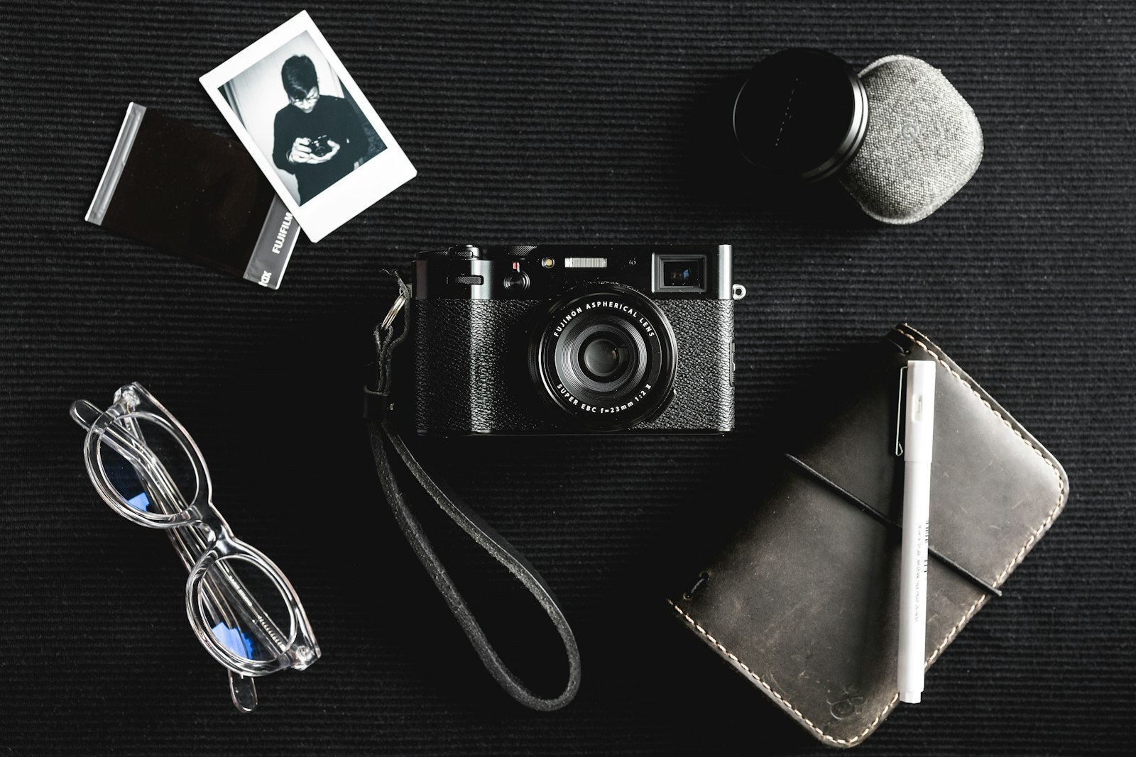 Camera and a black leather bifold wallet arranged as an everyday carry flatlay