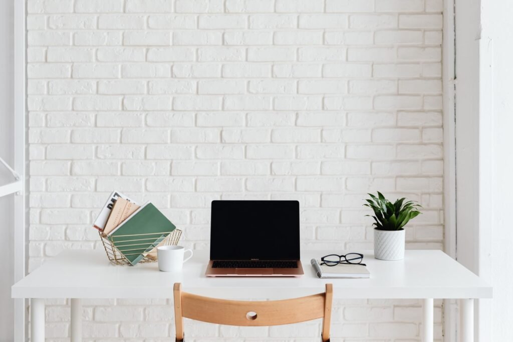 Clean and organized white workspace with laptop and plant