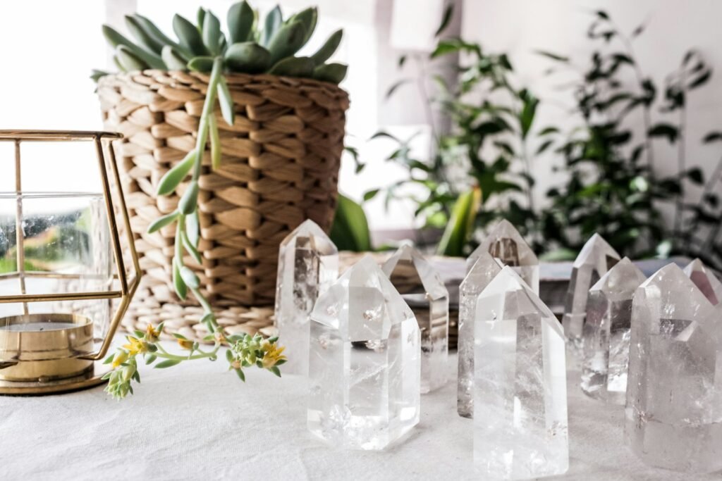 Group of crystal glass ornaments displayed on a table