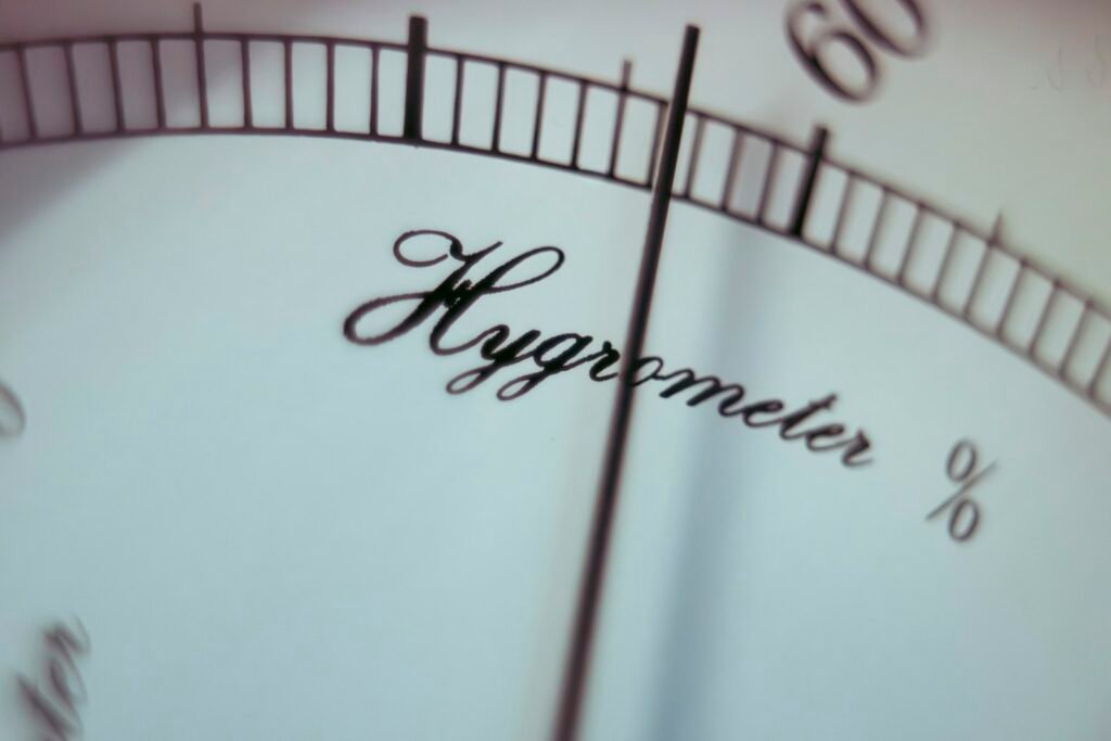 Close-up of a hygrometer measuring humidity levels