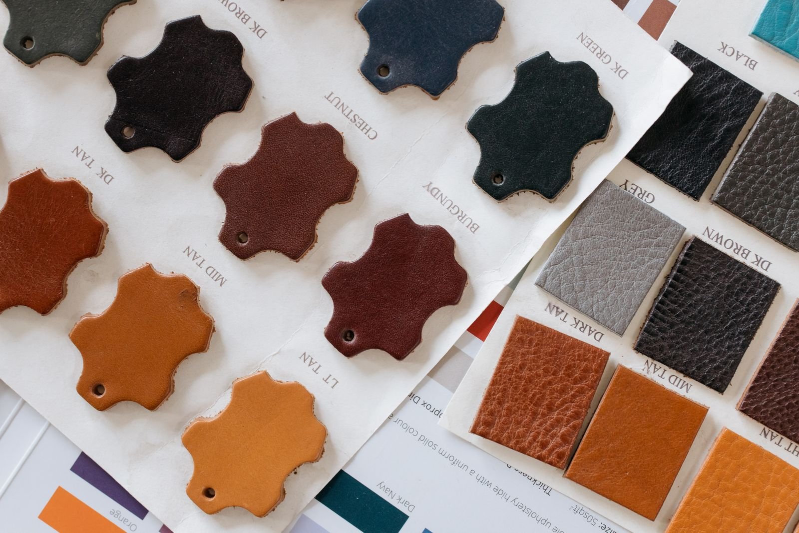 Selection of leather swatches in various colors and textures
