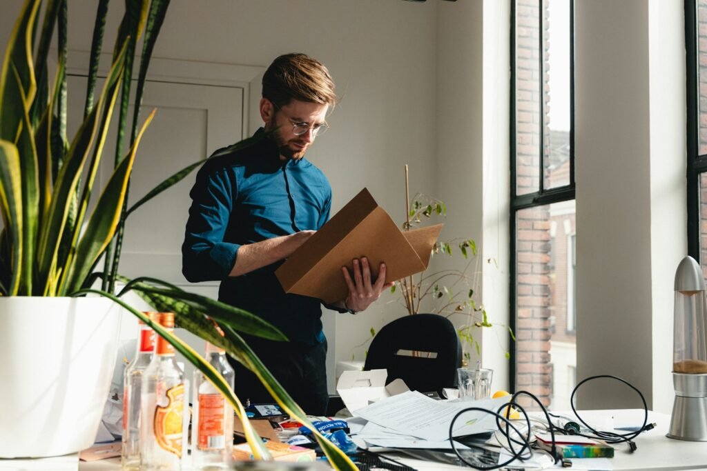 Man clearing his desk into a cardboard box on his last day in the office
