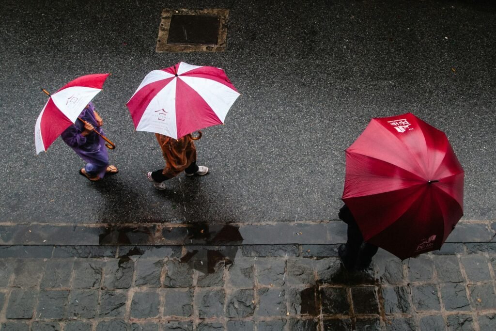 People walking with umbrellas on a rainy city street