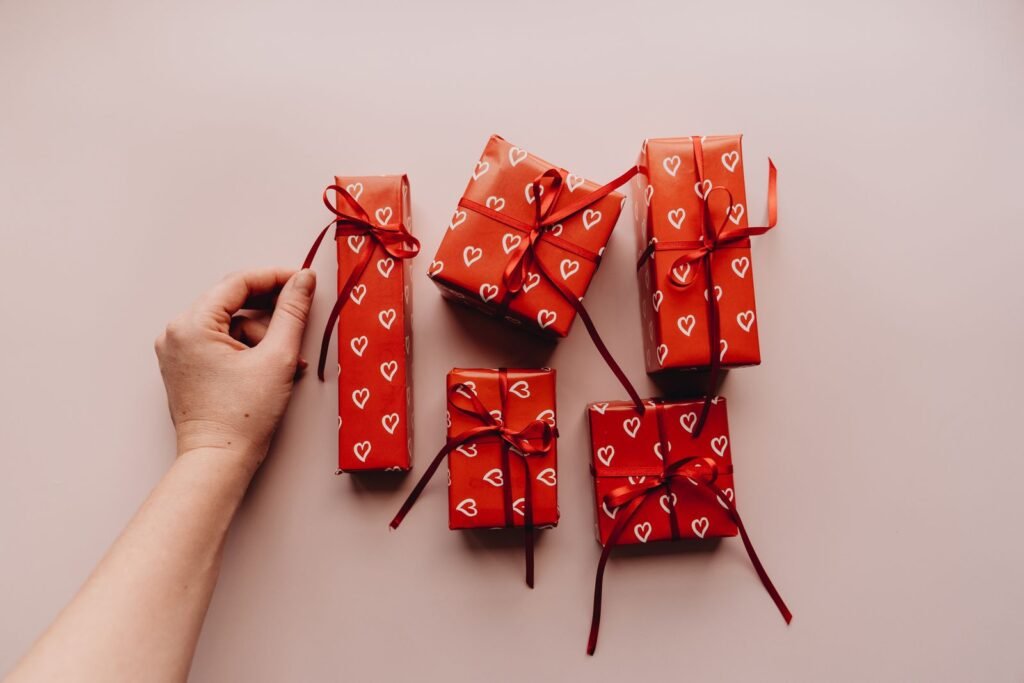 Red presents with heart patterns and ribbons
