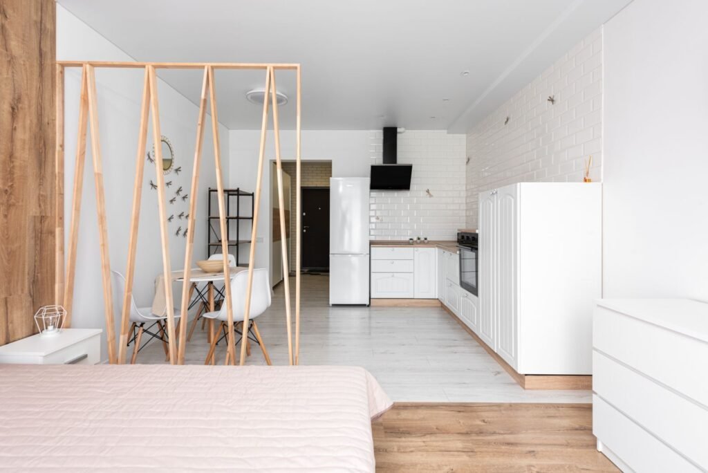 Spacious modern studio apartment featuring an open kitchen